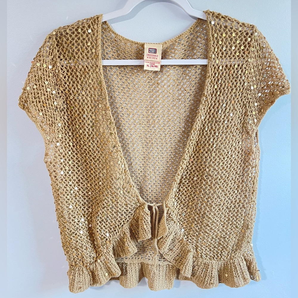 Vintage Y2K Sequin Faded Glory open-front tie crochet cardigan
